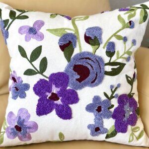 18x18 Cottage Embroidered Purple Pansy Rose Flowers Floral Throw Pillow Cover